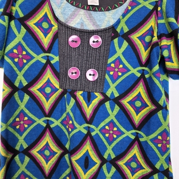 LuLu Via Tunic Blue Yellow Graphic Design Pockets Women's Mini Dress Size L - Picture 2 of 6